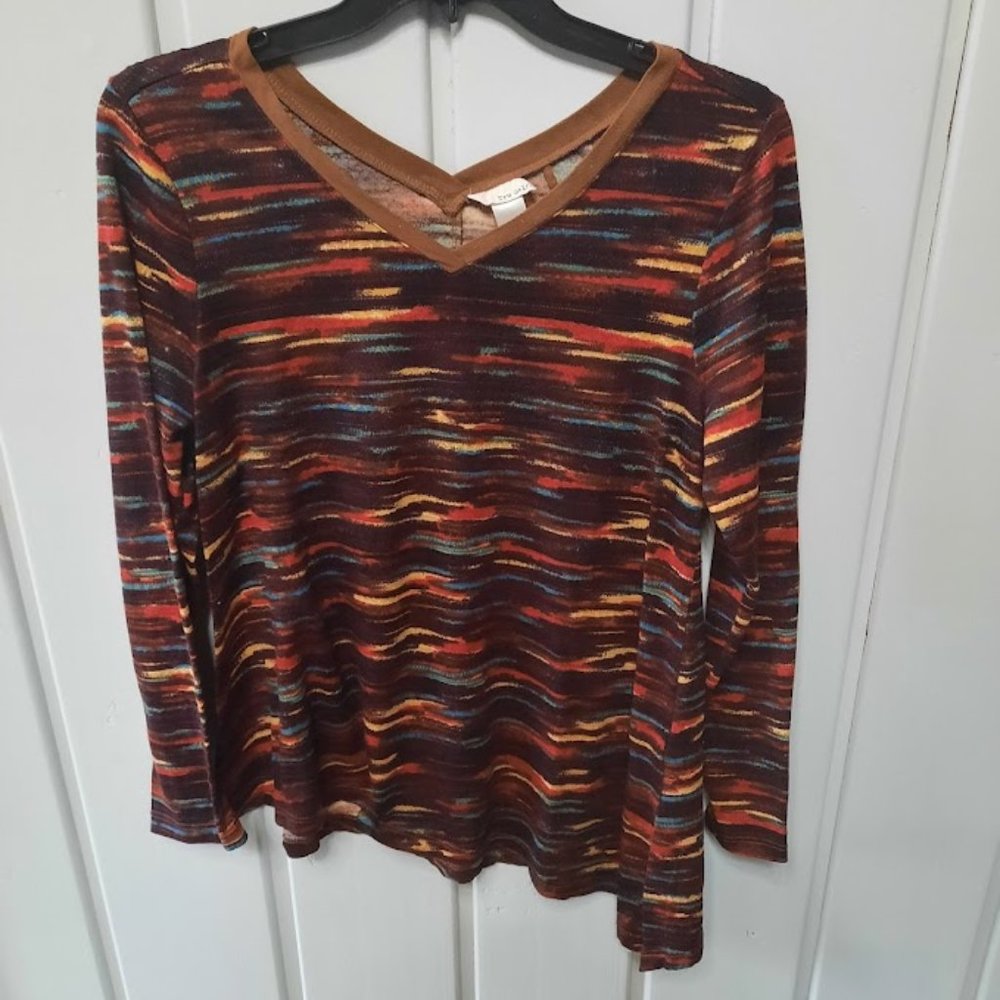 Tru Self Women's V Neck Asymmetrical Knit Tunic Top Sz L